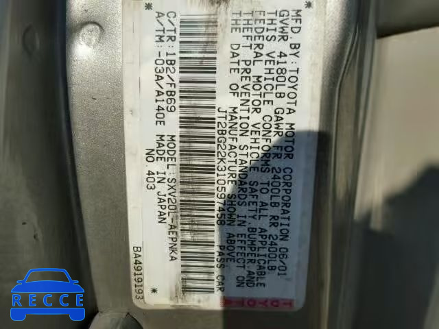 2001 TOYOTA CAMRY JT2BG22K310597458 image 9