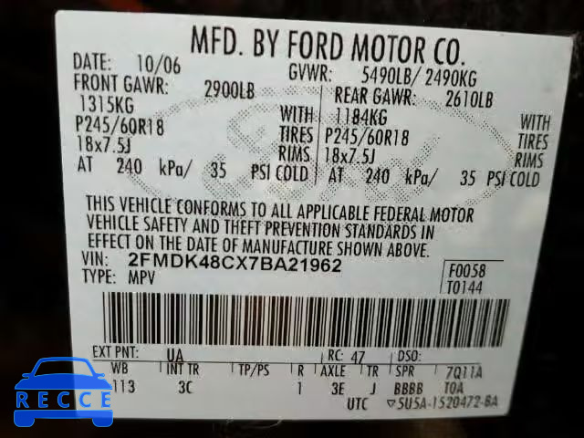 2007 FORD EDGE SEL A 2FMDK48CX7BA21962 зображення 9