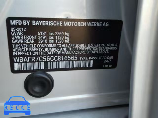 2012 BMW 535I WBAFR7C56CC816565 зображення 9