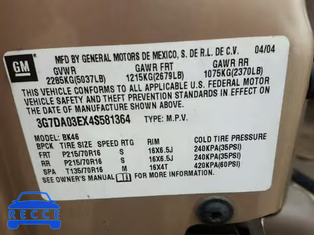 2004 PONTIAC AZTEK 3G7DA03EX4S581364 image 9