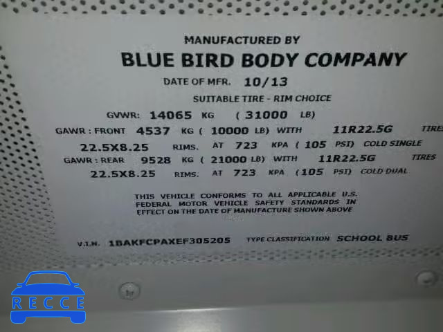 2014 BLUE BIRD SCHOOL/TRA 1BAKFCPAXEF305205 image 9