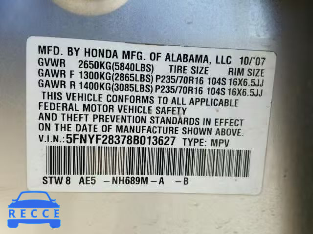 2008 HONDA PILOT SE 5FNYF28378B013627 image 9