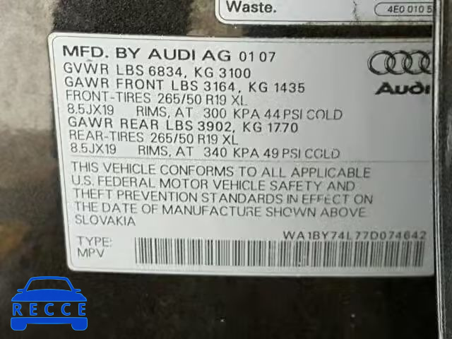 2007 AUDI Q7 3.6 QUA WA1BY74L77D074642 image 9