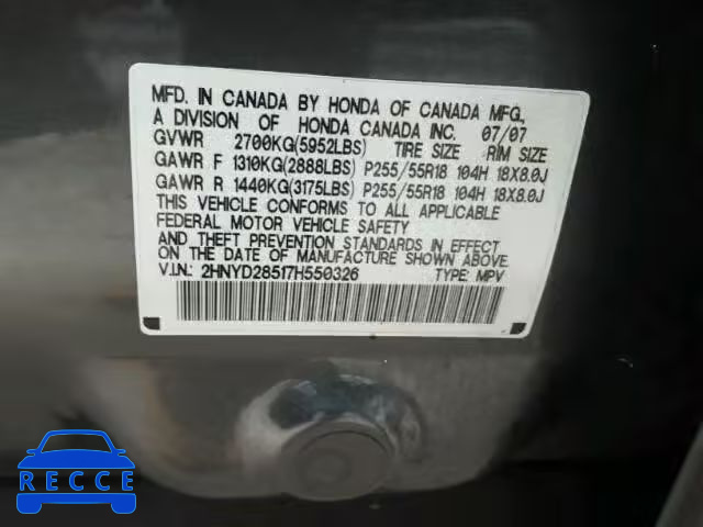 2007 ACURA MDX SPORT 2HNYD28517H550326 image 9