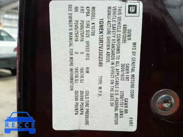 1997 CHEVROLET TAHOE K150 1GNEK13R7VJ362349 image 9