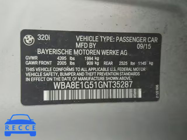 2016 BMW 320I WBA8E1G51GNT35287 зображення 9