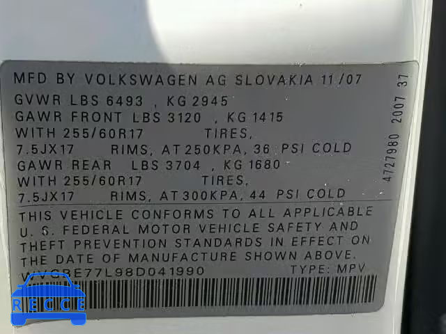 2008 VOLKSWAGEN TOUAREG 2 WVGBE77L98D041990 image 9