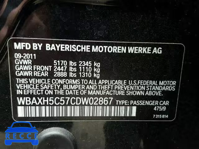 2012 BMW 528XI WBAXH5C57CDW02867 зображення 9