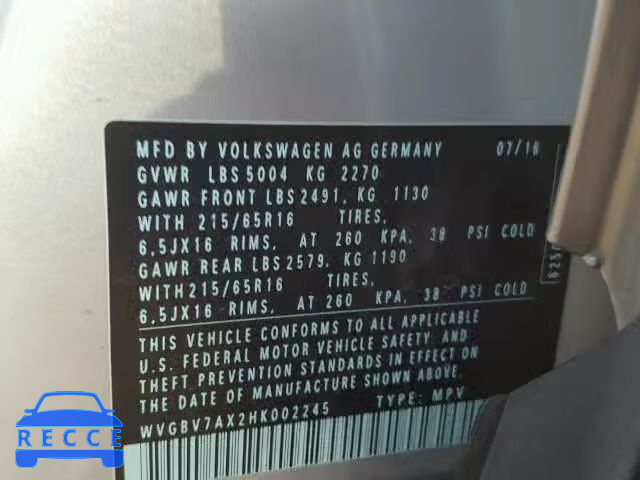 2017 VOLKSWAGEN TIGUAN S WVGBV7AX2HK002245 image 9