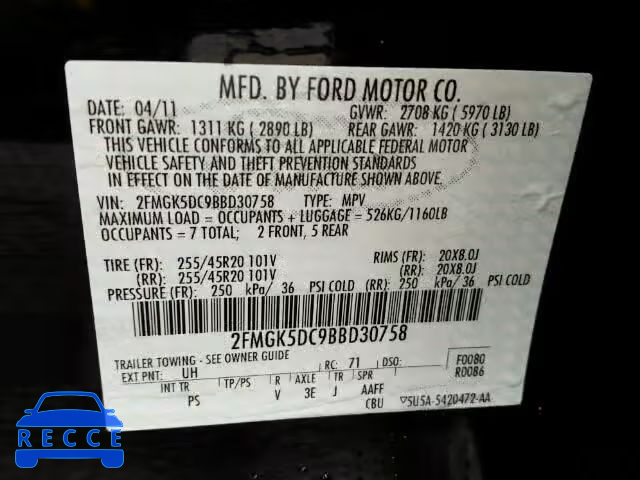 2011 FORD FLEX LIMIT 2FMGK5DC9BBD30758 зображення 9