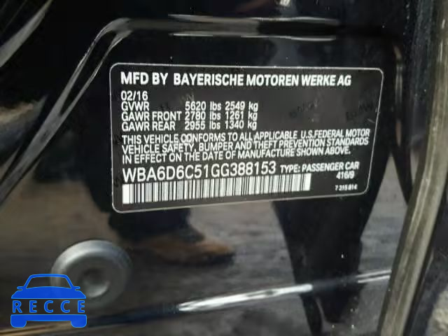 2016 BMW 650XI GRAN WBA6D6C51GG388153 зображення 9