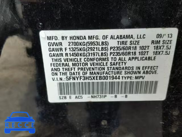 2014 HONDA PILOT EXL 5FNYF3H5XEB001944 image 9