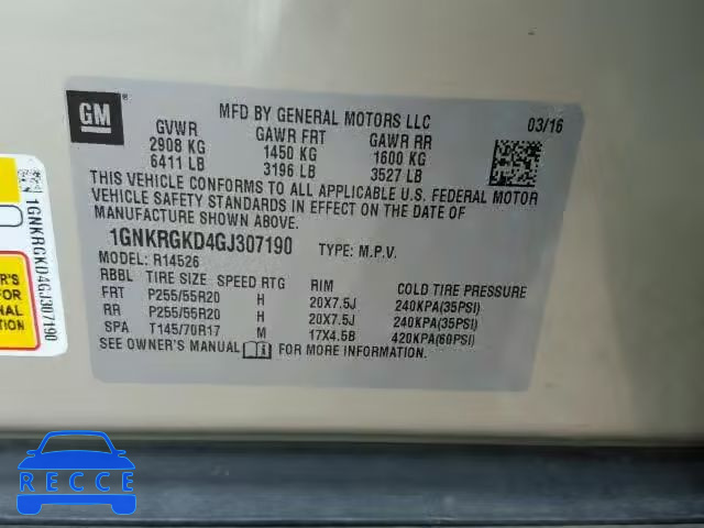 2016 CHEVROLET TRAVERSE L 1GNKRGKD4GJ307190 Bild 9