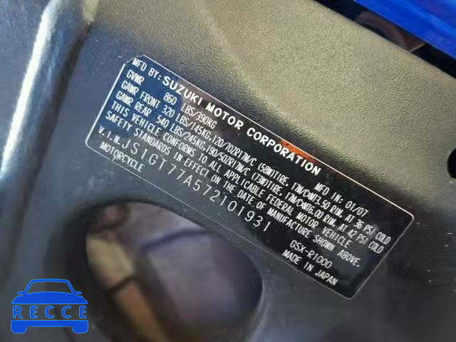 2007 SUZUKI GSX-R1000 JS1GT77A572101931 image 9