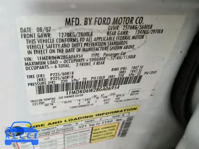 2008 FORD TAURUS X L 1FMDK06W28GA06954 Bild 9