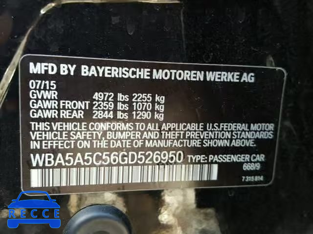 2016 BMW 528I WBA5A5C56GD526950 зображення 9