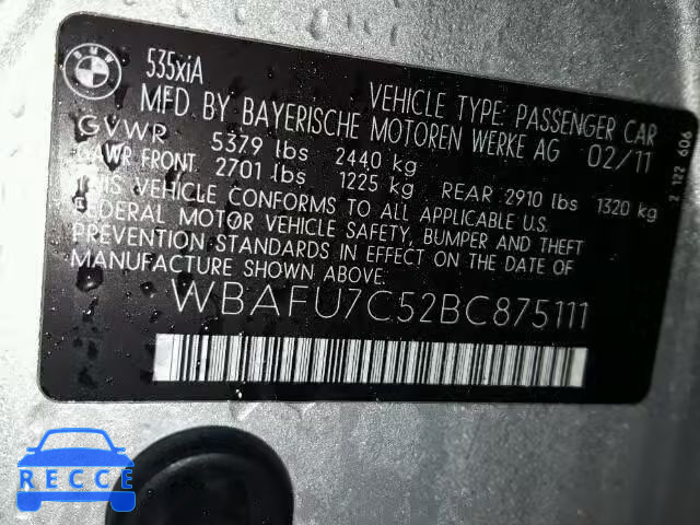 2011 BMW 535XI WBAFU7C52BC875111 зображення 9