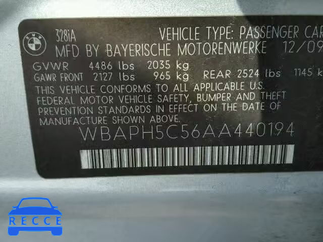 2010 BMW 328I SULEV WBAPH5C56AA440194 зображення 9