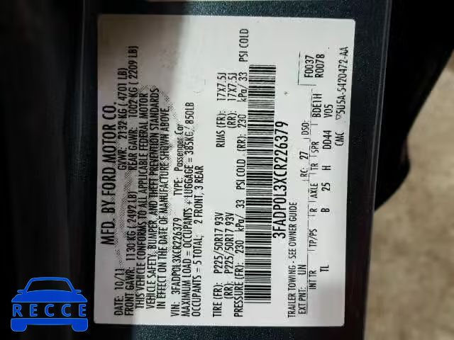2012 FORD FUSION HYB 3FADP0L3XCR226379 image 9