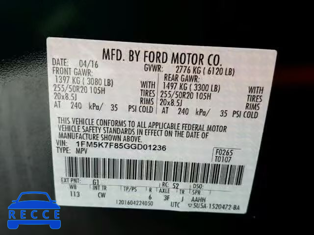 2016 FORD EXPLORER L 1FM5K7F85GGD01236 Bild 9