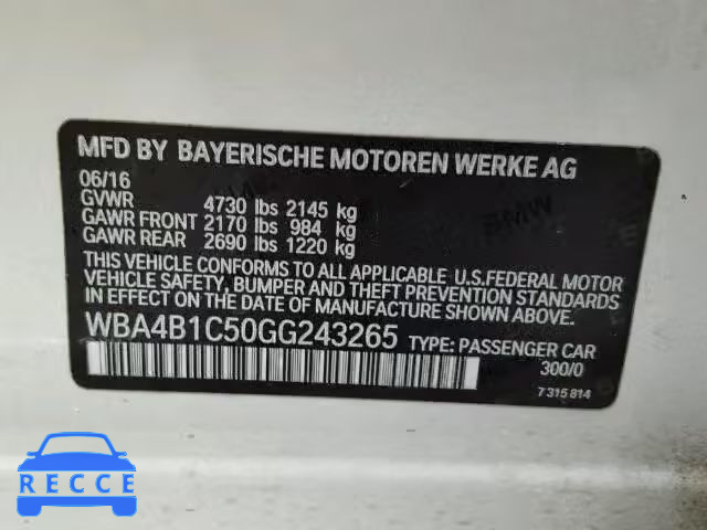 2016 BMW 435I GRAN WBA4B1C50GG243265 зображення 9