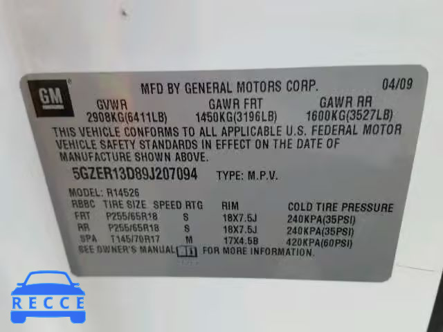 2009 SATURN OUTLOOK XE 5GZER13D89J207094 image 9