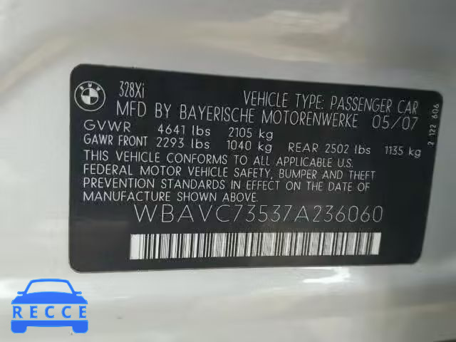 2007 BMW 328XI SULE WBAVC73537A236060 зображення 9