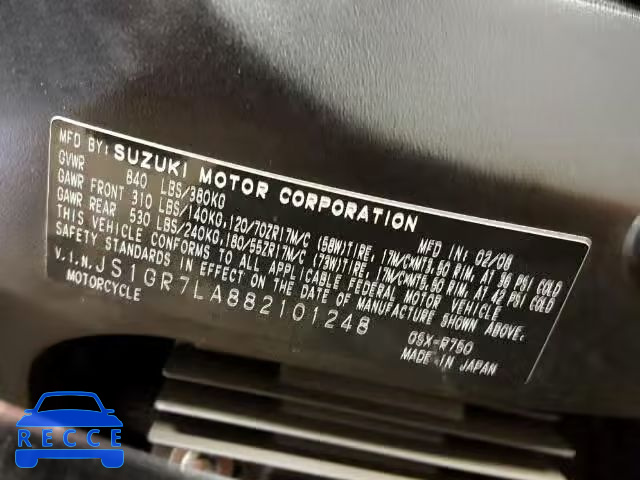 2008 SUZUKI GSX-R750 JS1GR7LA882101248 image 9