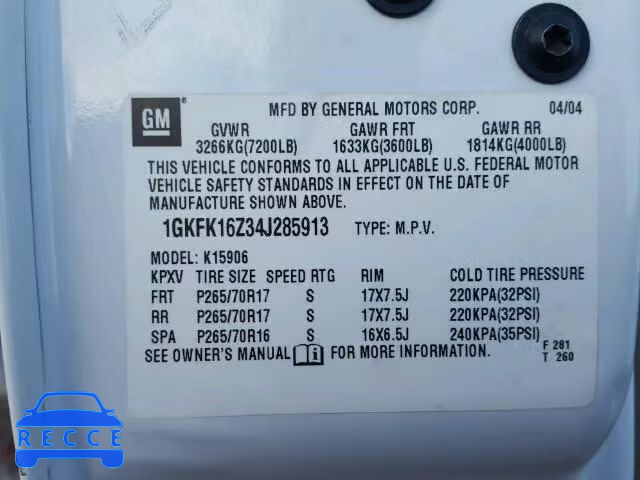 2004 GMC YUKON XL K 1GKFK16Z34J285913 image 9