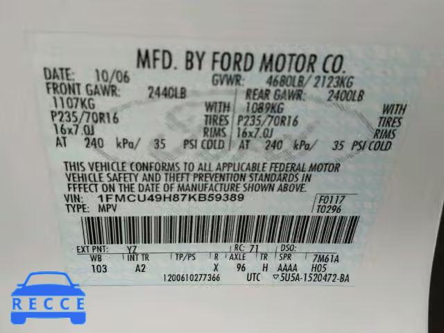 2007 FORD ESCAPE HEV 1FMCU49H87KB59389 зображення 9