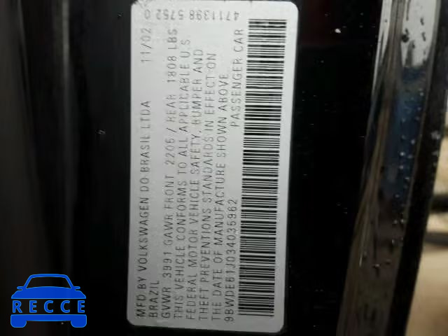2003 VOLKSWAGEN GTI 9BWDE61J034035962 зображення 9