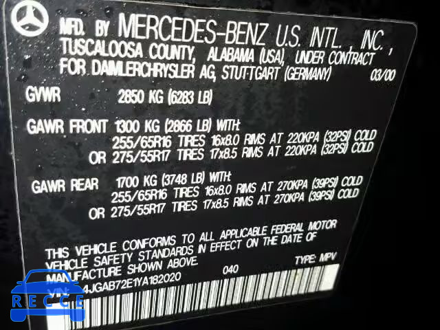 2000 MERCEDES-BENZ ML430 4JGAB72E1YA182020 зображення 9