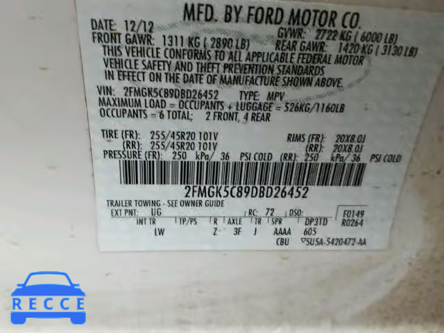 2013 FORD FLEX SEL 2FMGK5C89DBD26452 зображення 9