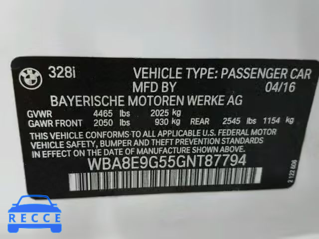 2016 BMW 328I SULEV WBA8E9G55GNT87794 image 9