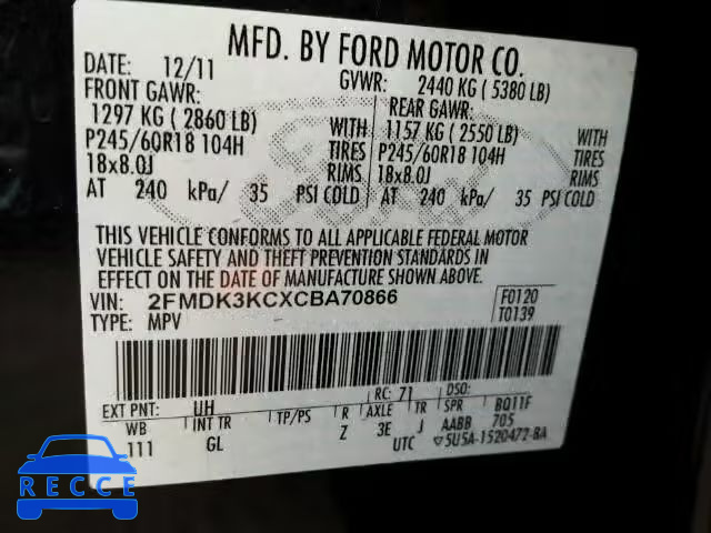 2012 FORD EDGE LIMIT 2FMDK3KCXCBA70866 image 9