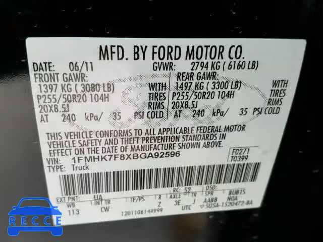 2011 FORD EXPLORER L 1FMHK7F8XBGA92596 image 9