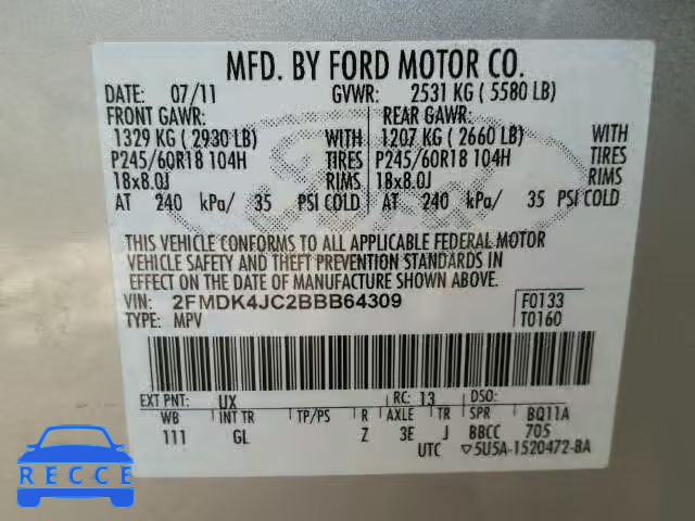 2011 FORD EDGE SEL A 2FMDK4JC2BBB64309 image 9