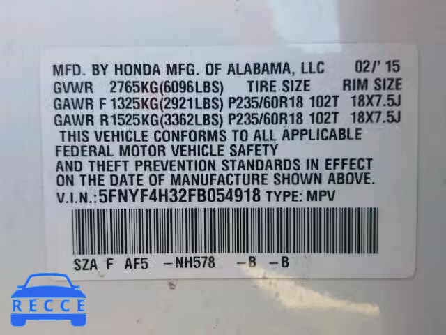 2015 HONDA PILOT SE 5FNYF4H32FB054918 image 9