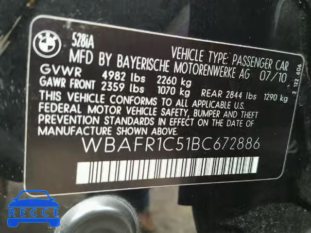 2011 BMW 528I WBAFR1C51BC672886 зображення 9