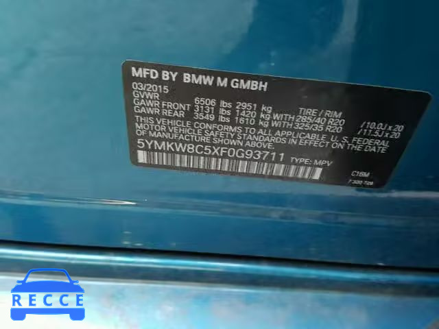 2015 BMW X6 M 5YMKW8C5XF0G93711 image 9