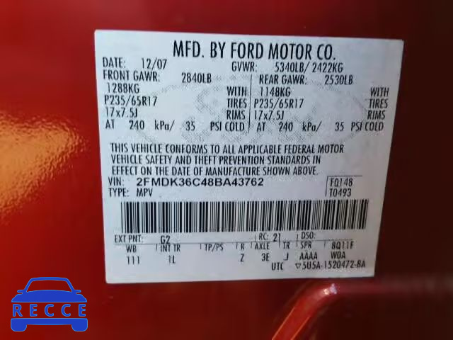 2008 FORD EDGE SE 2FMDK36C48BA43762 image 9