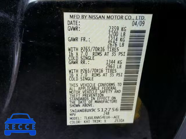 2009 NISSAN XTERRA 4.0 5N1AN08UX9C512756 image 9