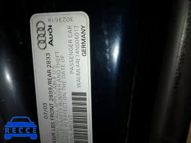 2004 AUDI A8 L QUATT WAUML44E74N006017 зображення 9