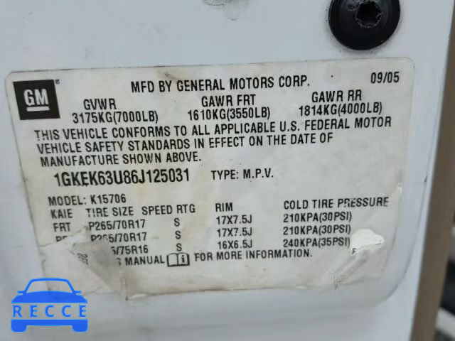 2006 GMC YUKON DENA 1GKEK63U86J125031 image 9