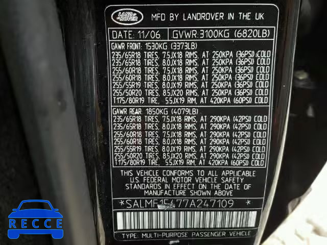 2007 LAND ROVER RANGE ROVE SALMF15477A247109 image 9