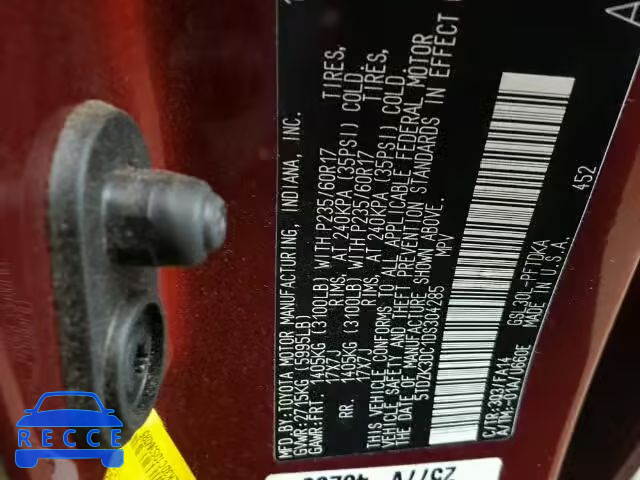 2013 TOYOTA SIENNA 5TDZK3DC1DS304285 Bild 9