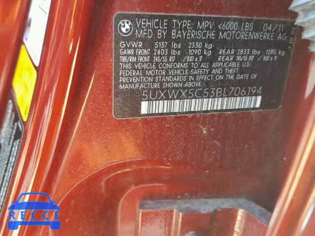 2011 BMW X3 XDRIVE2 5UXWX5C53BL706194 image 9