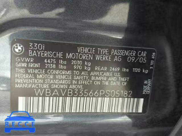 2006 BMW 330I WBAVB33566PS05182 image 9