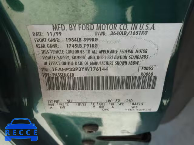 2000 FORD FOCUS LX 1FAHP33P3YW176144 image 9