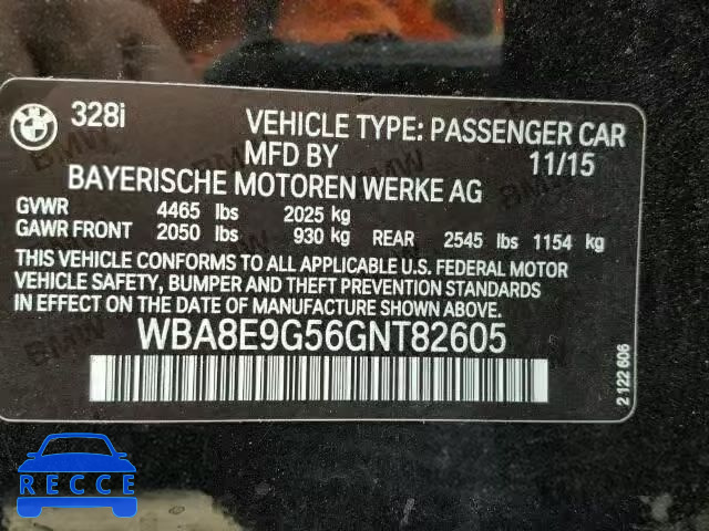 2016 BMW 328I SULEV WBA8E9G56GNT82605 зображення 9